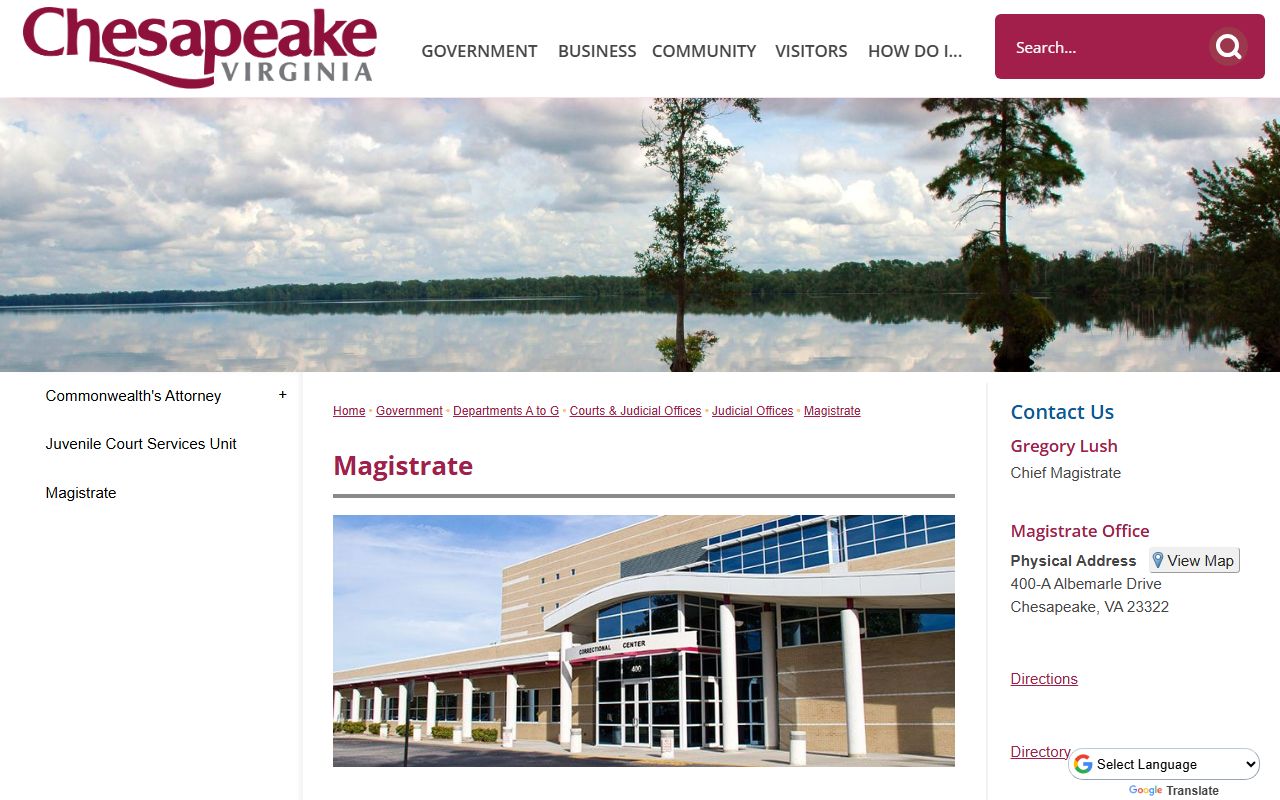 Chesapeake Magistrate page with warrant unit numbers and court-status guidance