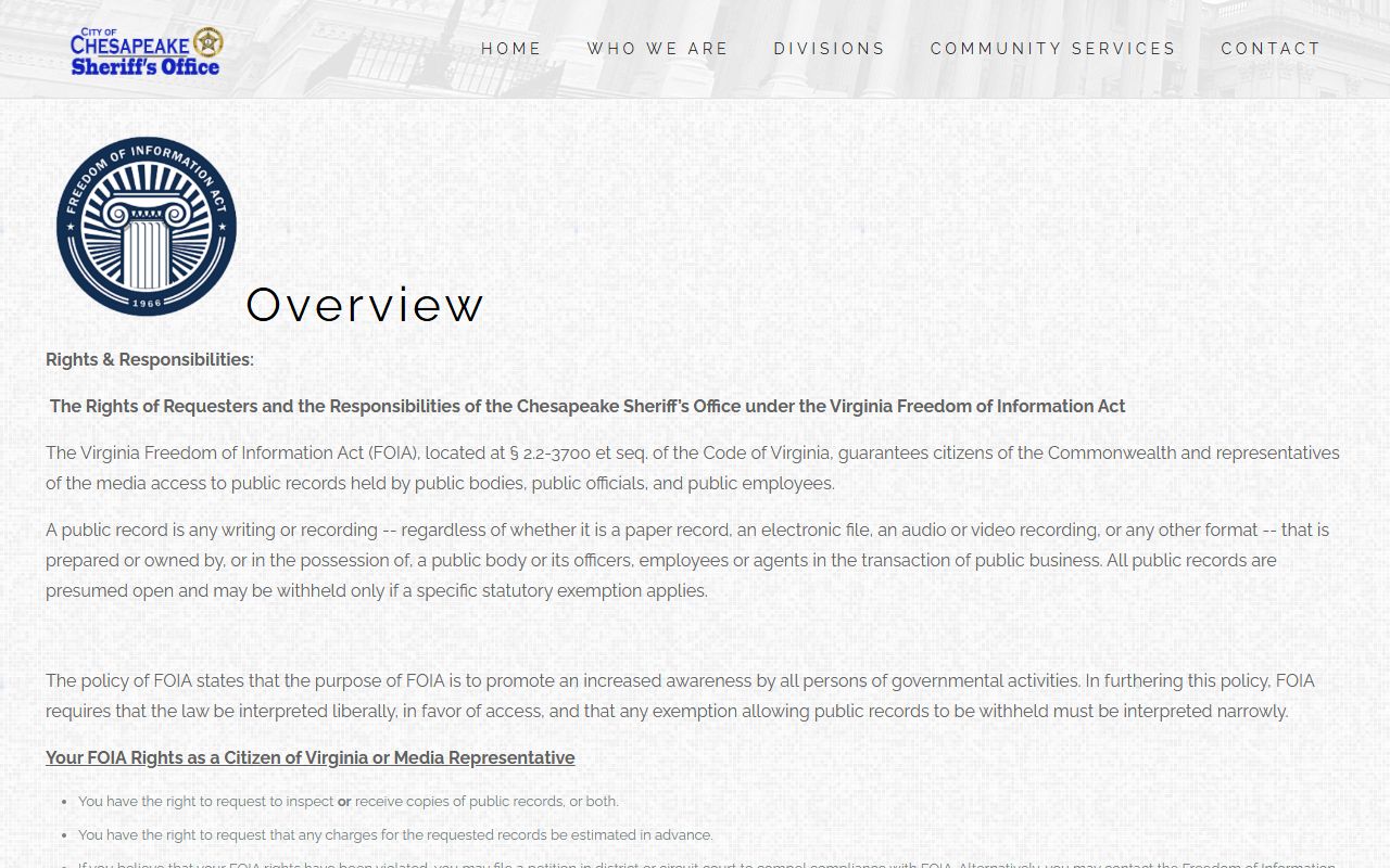 Chesapeake City inmate records FOIA request channels