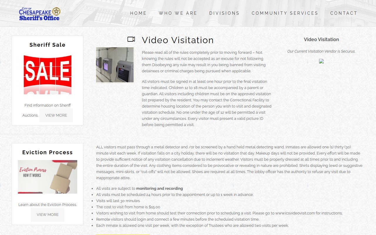 Chesapeake Correctional Center visitation rules and video visitation schedule